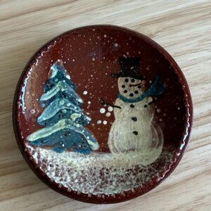 Vintage Hand-Painted Oxford Pottery Snowman & Tree Small Plate Lead-Free 4 Inche